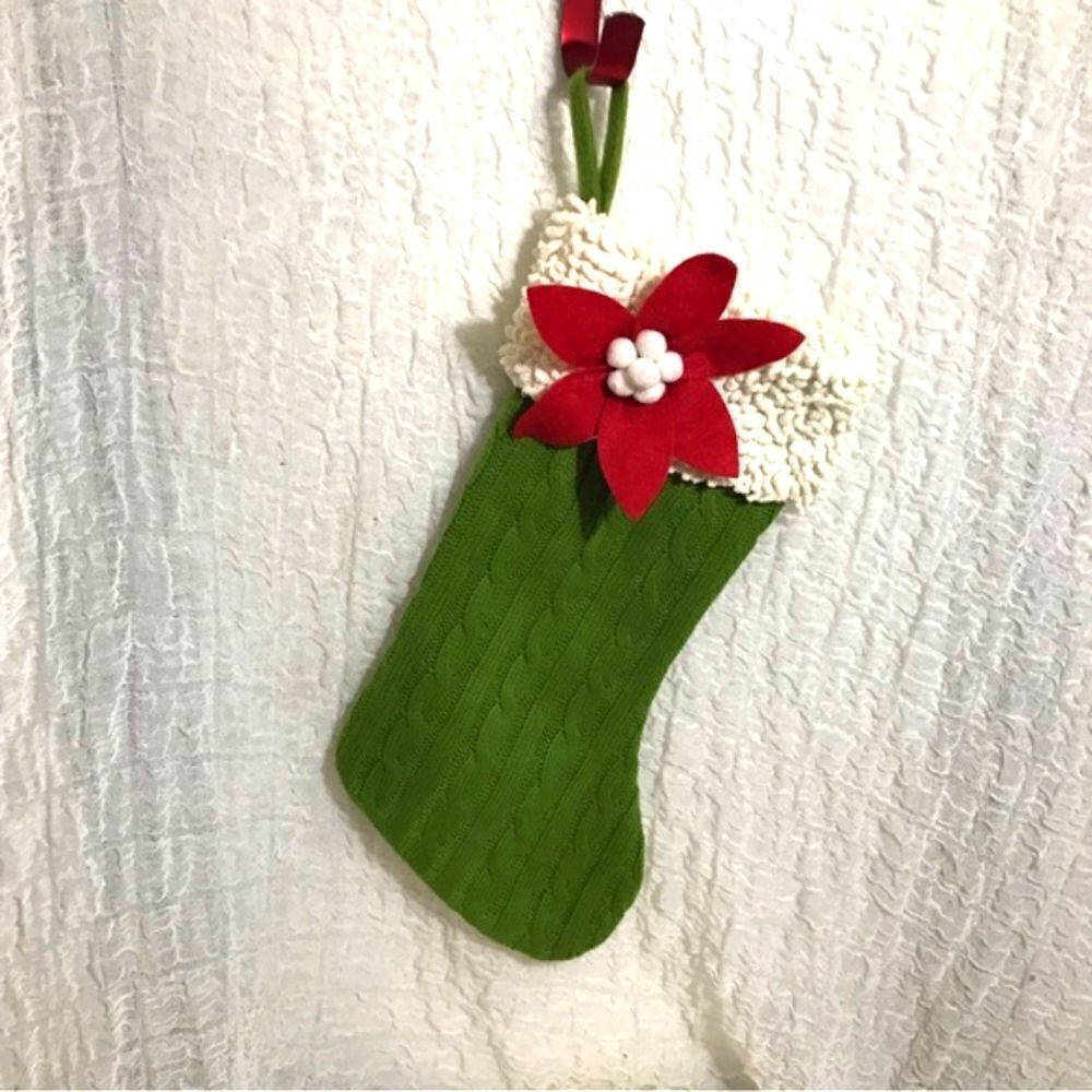 Green Knit with Poinsettia Christmas Stocking